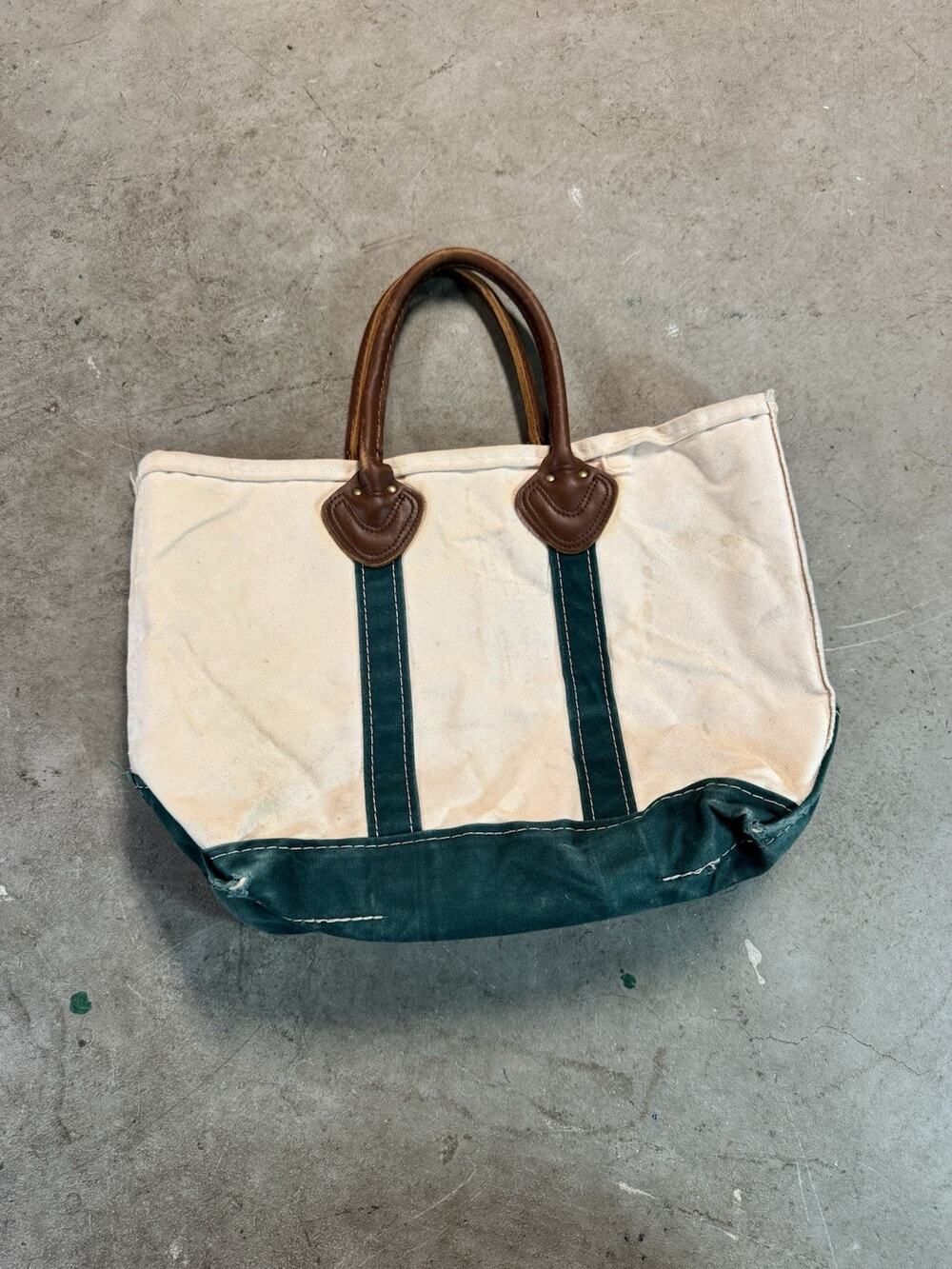Vintage 80s LL Bean Boat Tote Canvas Bag Medium Green & White Made In USA - Picture 1 of 9